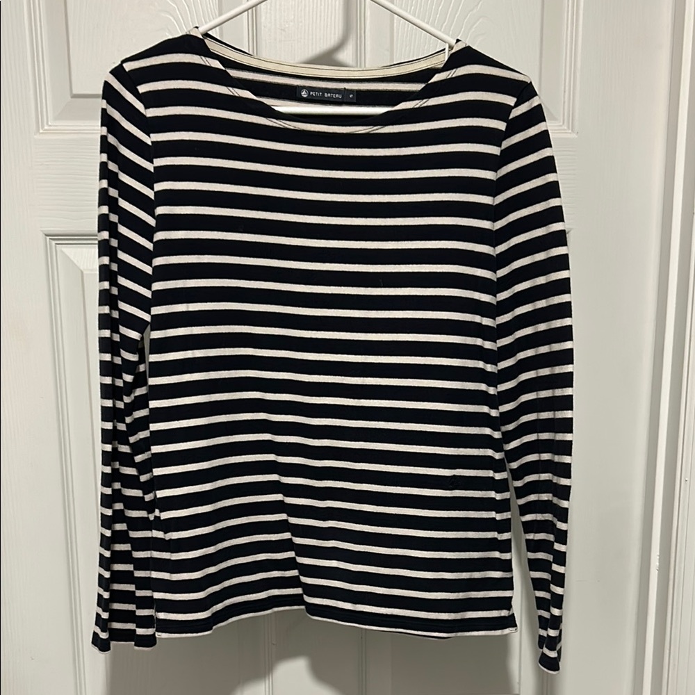 Petit Bateau Navy and White Striped Long Sleeve Top